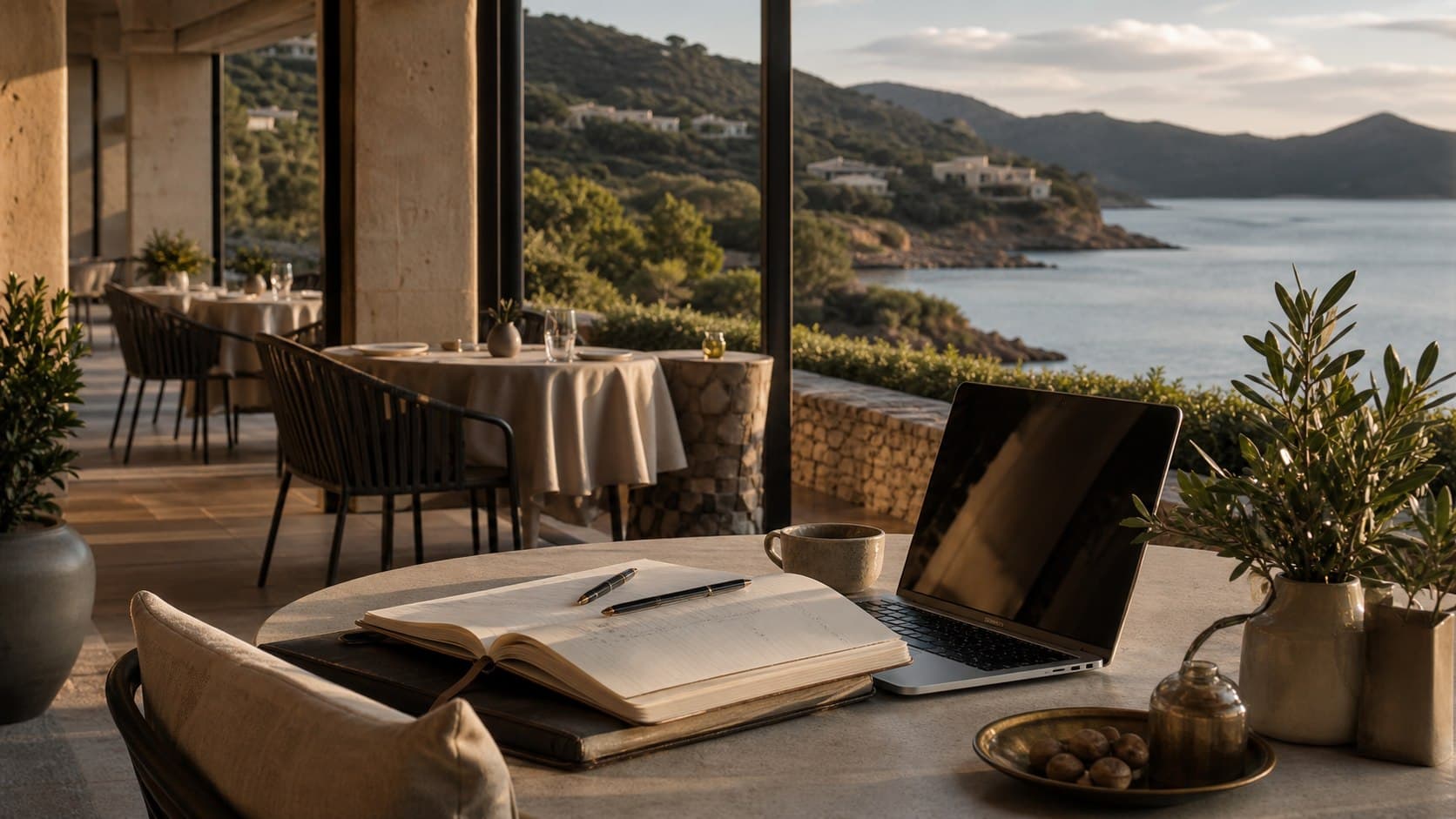 Terrazza di un boutique hotel sardo pronta ad accogliere ospiti fuori stagione