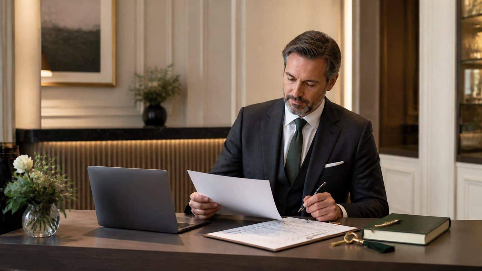 Hotelmanager prüft geordnet Unterlagen zur KI-Compliance im Hotel