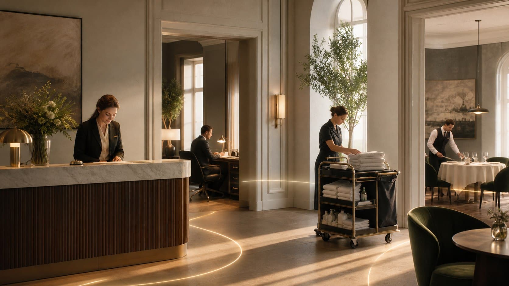 Boutique-Hotel mit Rezeption, Housekeeping, Reservierung und Restaurant als verbundenes Betriebssystem
