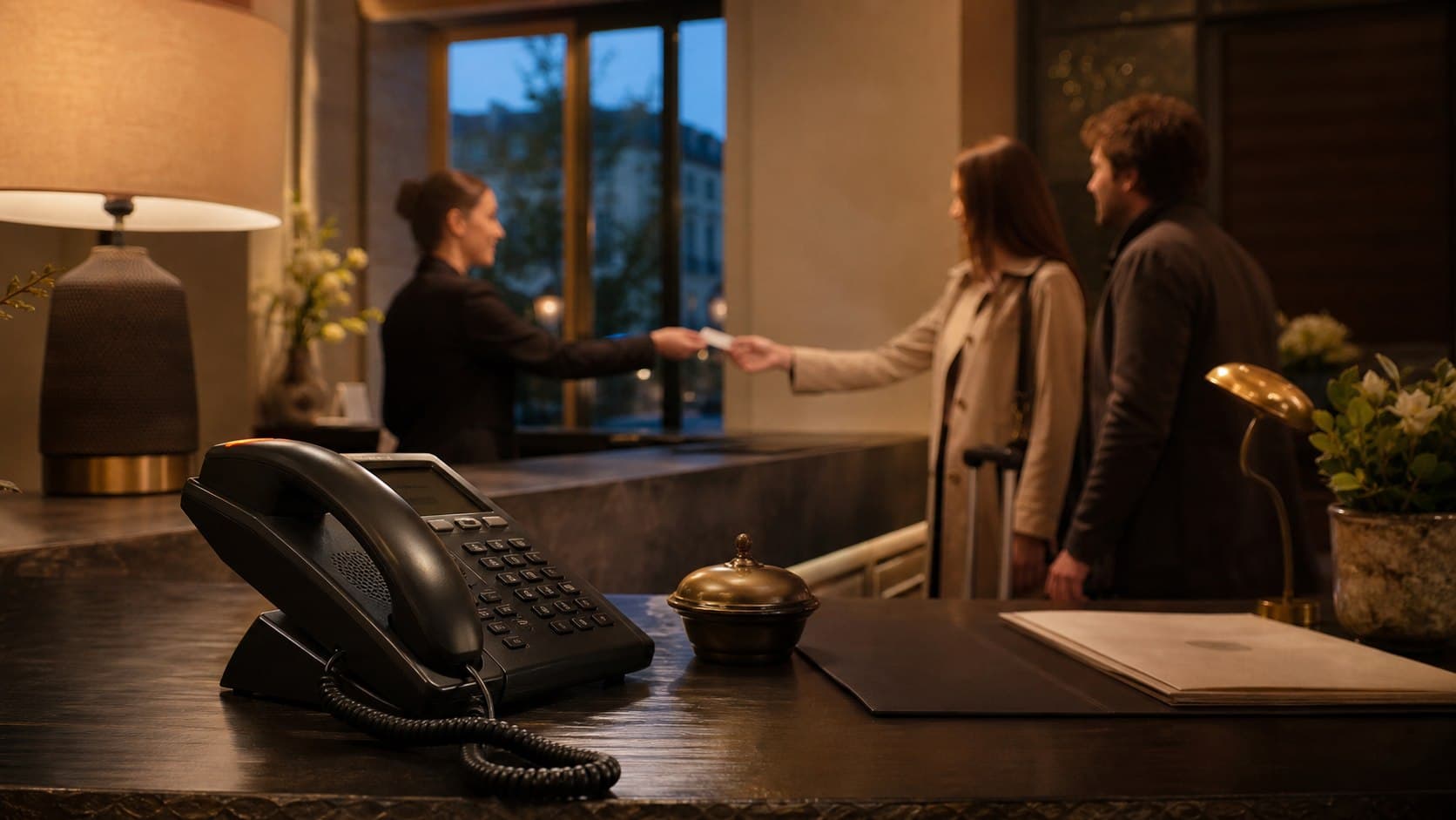 Hoteltelefon an einer Boutique-Hotel-Rezeption während eines abendlichen Check-ins