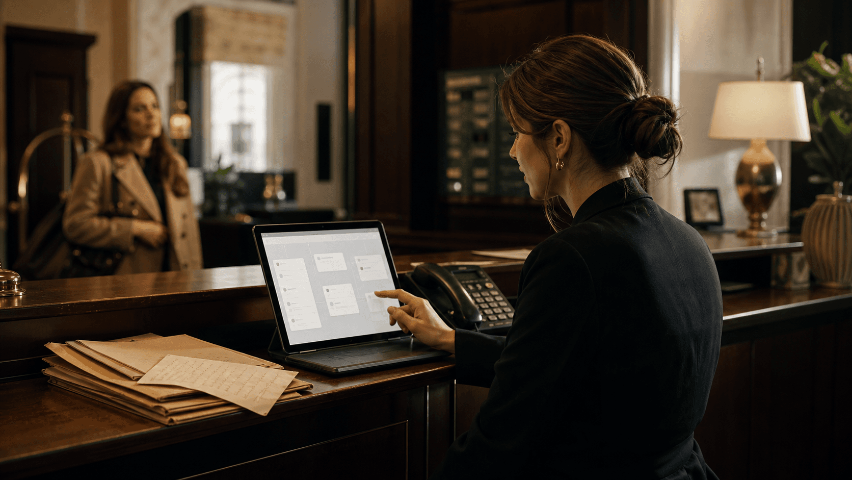 Rezeptionsmitarbeiterin eines Boutique-Hotels nutzt eine zentrale Wissensdatenbank neben Telefon und alten Papierunterlagen