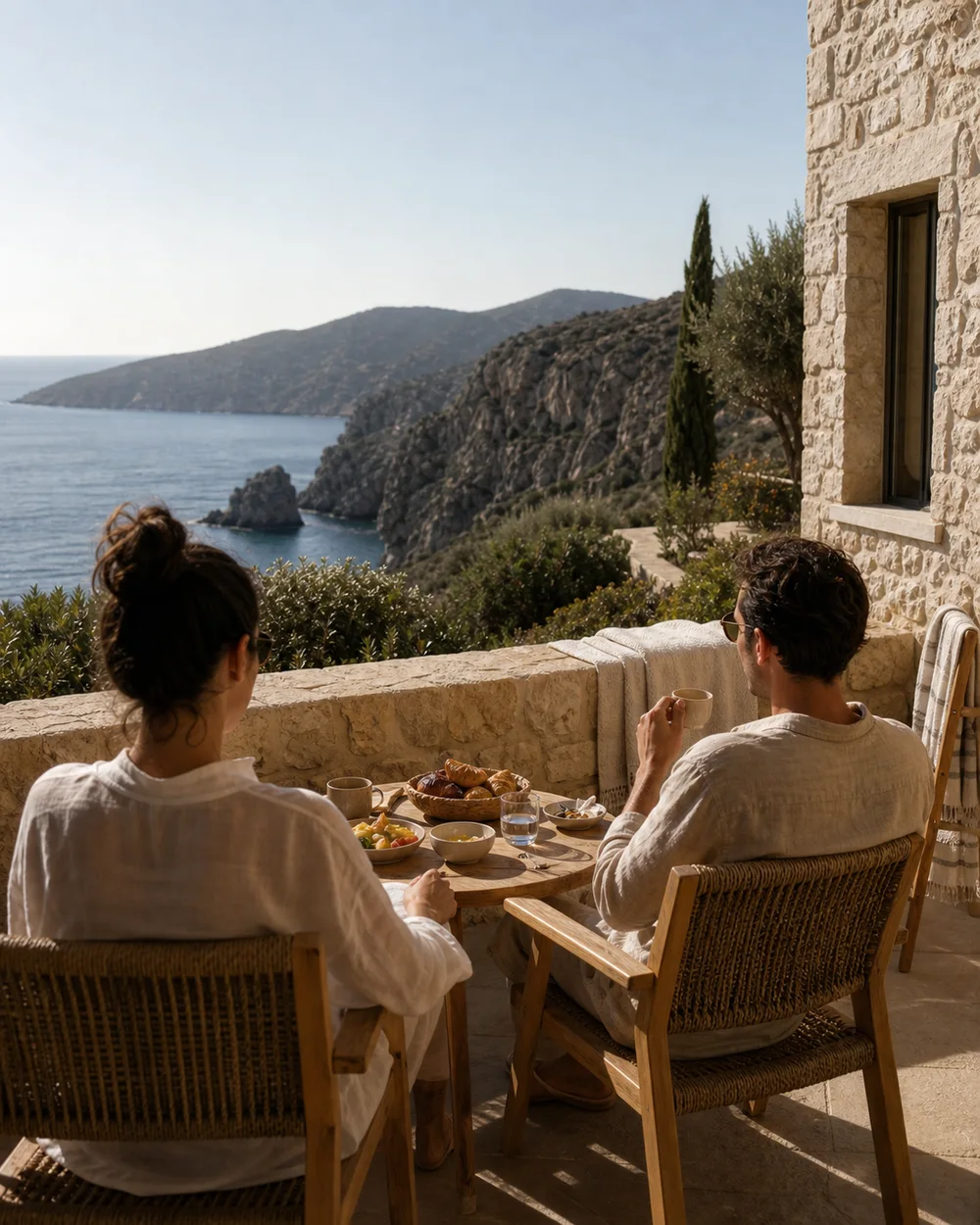Paar beim Frühstück auf einer privaten Terrasse mit Meerblick