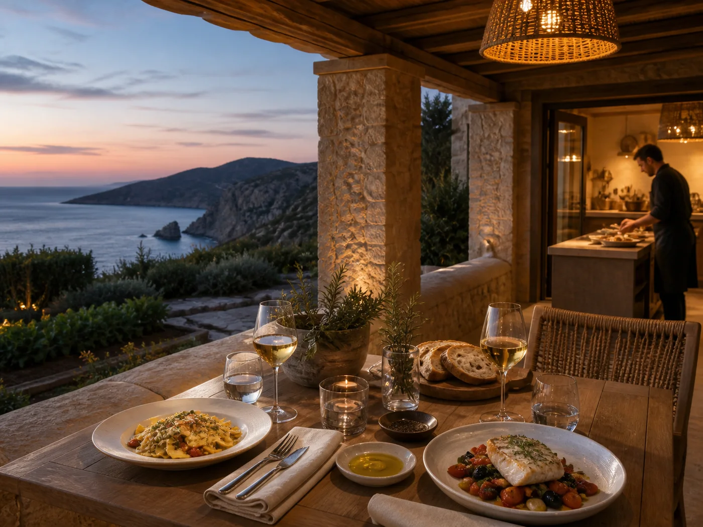 Regionaler sardischer Abendtisch mit Meerblick