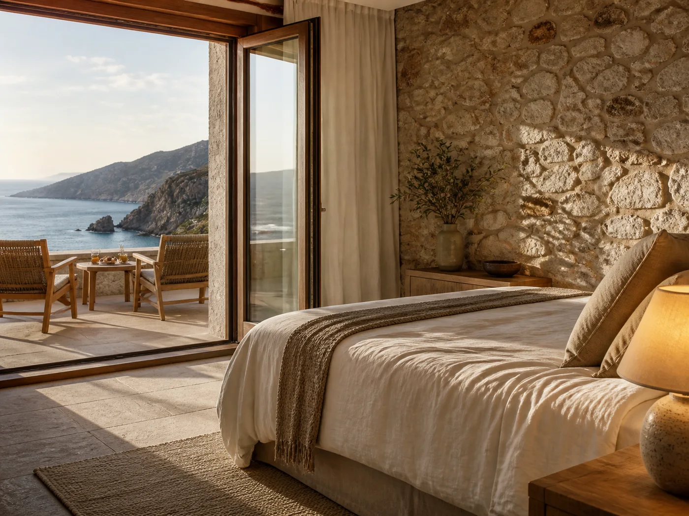 Natursteinzimmer mit privater Terrasse und Blick auf die wilde Küste